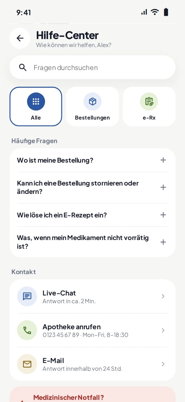 Hilfe-Center mit Live-Chat in der App