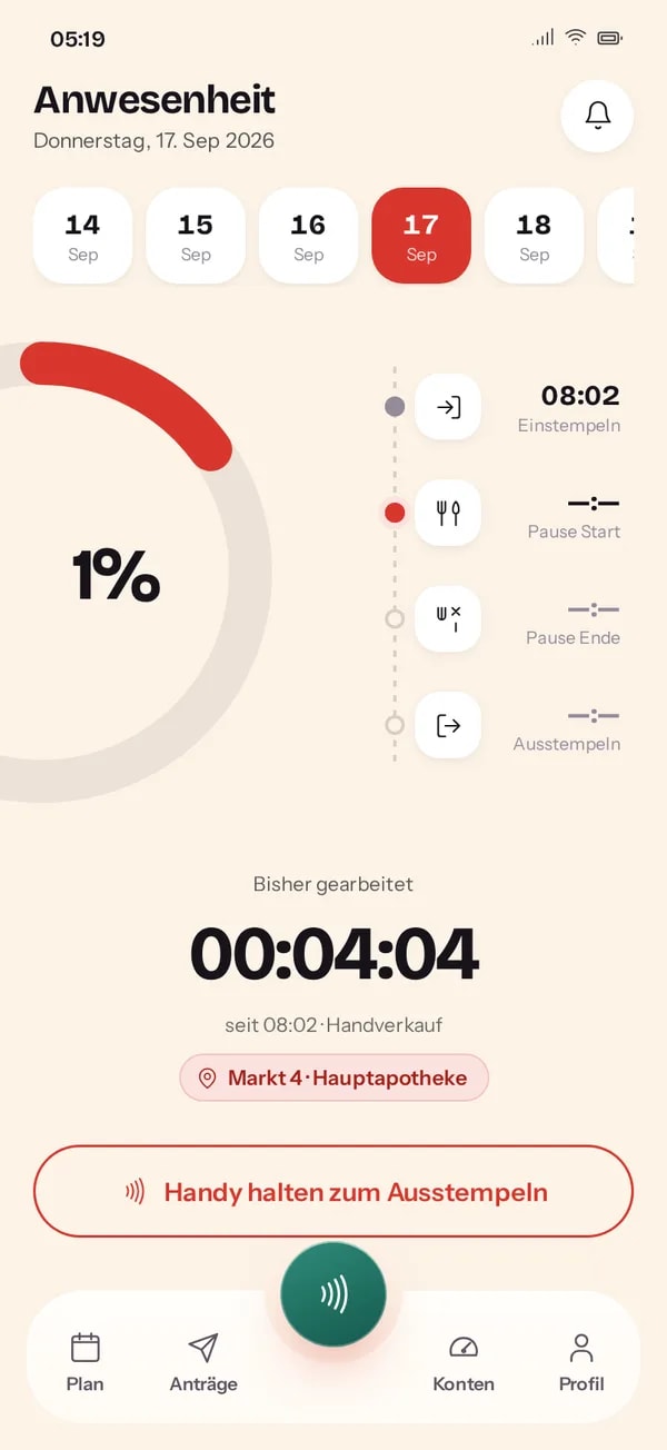 Laufende Schicht nach dem Einstempeln per NFC in der Staff App