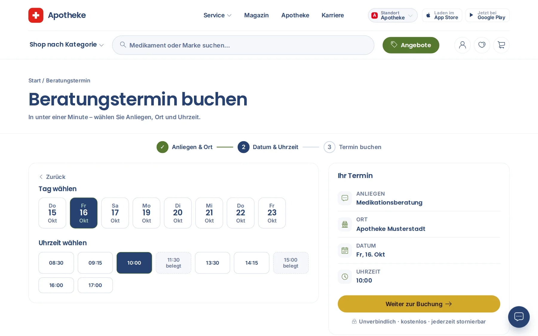 Terminbuchung mit Tag und Uhrzeit