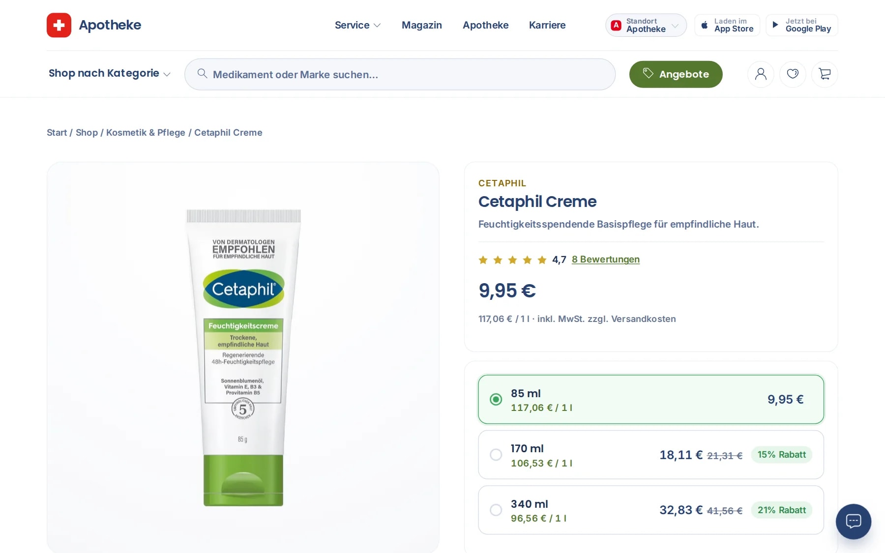 Produktseite mit Packungsgrößen und Preis