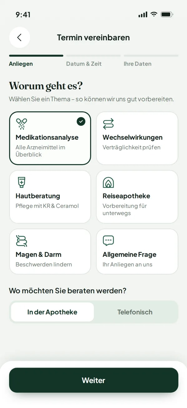 Thema für den Termin wählen