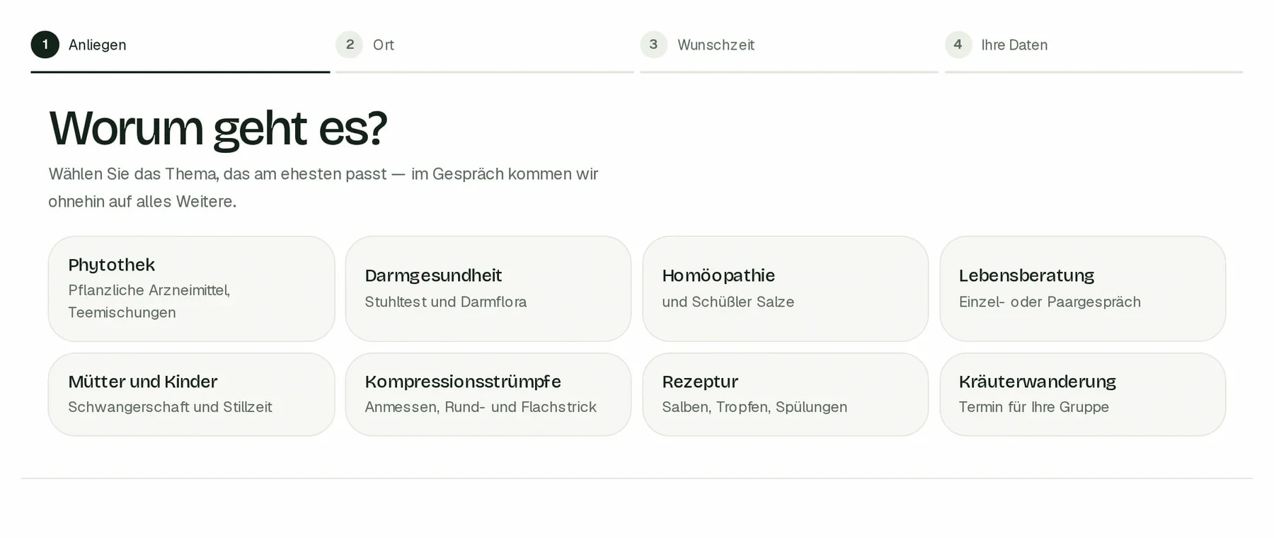Terminbuchung auf der Website, Schritt Anliegen