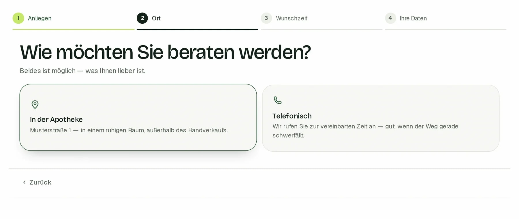 Terminbuchung auf der Website, Schritt Ort
