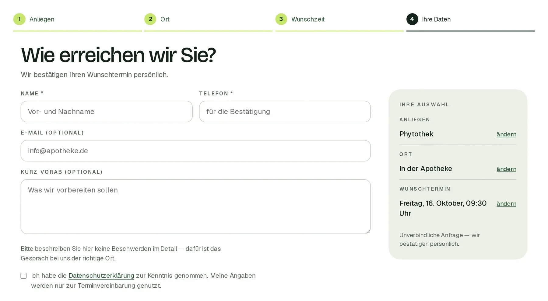 Terminbuchung auf der Website, Schritt Ihre Daten